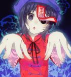  bad_id black_eyes black_hair blue_eyes blue_hair bust foreshortening geung_si grey_eyes hat jiangshi miyako_yoshika ofuda okra_boom outstretched_arms pale_skin short_hair solo touhou zombie_pose 