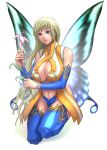  blue_eyes breasts butterfly_wings cleavage cleavage_cutout copyright_request detached_sleeves flower hero_(do-belman) jpeg_artifacts kneeling large_breasts long_hair lowres solo thigh-highs thighhighs wings 