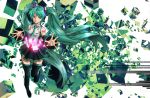  aqua_eyes aqua_hair bad_id bare_shoulders black_legwear detached_sleeves full_body glowing green_eyes green_hair hatsune_miku headphones light_smile long_hair necktie outstretched_hand seafh skirt smile solo thigh-highs thighhighs twintails very_long_hair vocaloid zettai_ryouiki 