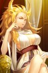  beasts blonde_hair breasts cleavage crossed_legs facial_mark forehead_mark horns large_breasts lion lion_ears long_hair lowres nold salt_(salty) sitting solo sword_girls yellow_eyes 