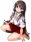  barefoot black_hair blue_eyes face feet hands james_hotate kneeling legs long_hair original shirt simple_background single_sock sitting skirt socks solo unbuttoned white_background yokozuwari 