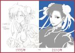  90s before_and_after border breasts bun_cover capcom china_dress chinese_clothes chun-li comparison double_bun earrings eyeshadow jewelry lips lipstick makeup monochrome progress red_border sketch street_fighter 