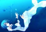  blue_eyes blue_hair cape gloves magical_girl mahou_shoujo_madoka_magica mermaid miki_sayaka monster_girl motomiya_mitsuki outstretched_hand short_hair soul_gem thighhighs underwater white_gloves 