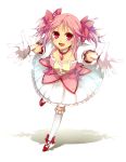  fujikiti gloves kaname_madoka magical_girl mahou_shoujo_madoka_magica outstretched_arms outstretched_hand pink_eyes pink_hair running shoes short_hair simple_background smile solo twintails 