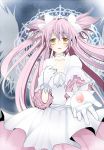  alternate_hairstyle bow dress gloves goddess_madoka hair_bow kaname_madoka long_hair mahou_shoujo_madoka_magica mamemix outstretched_hand pink_hair solo spoilers two_side_up ultimate_madoka wings yellow_eyes 