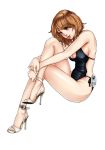  artist_request brown_eyes brown_hair casual_one-piece_swimsuit cleavage crossed_legs hanamura high_heels legs long_legs one-piece_swimsuit open_shoes open_toe_shoes original shoes short_hair sideboob sitting solo swimsuit 