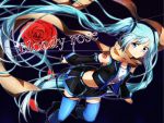  angry bare_shoulders blue_eyes blue_hair detached_sleeves female flower hatsune_miku long_hair navel red_rose rose sad sakuragi_ren scarf solo sword tattoo thigh-highs thighhighs twintails very_long_hair vocaloid weapon zettai_ryouiki 