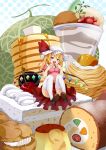  blonde_hair blue_door cake cherry contemporary cream cream_puff flandre_scarlet food fruit girl_in_food hat highres in_food licking melon minigirl pants plump pudding red_eyes short_hair sitting strawberry thigh-highs thighhighs tongue touhou white_legwear wings 