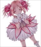  bad_id bow closed_eyes dress eyes_closed frilled_dress frills gloves hair_bow hair_ornament hands_clasped k-xaby kaname_madoka magical_girl mahou_shoujo_madoka_magica pink_hair solo twintails white_legwear 