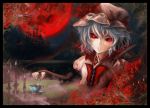  bat_wings blue_hair border candle castle colored_eyelashes cup elbow_gloves eyelashes faux_traditional_media fingerless_gloves flower full_moon gloves hat highres koumajou_densetsu moon nail_polish night red_eyes red_moon red_rose remilia_scarlet rose short_hair table teacup touhou wings zhaoli_jin 