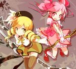  beret blonde_hair bow_(weapon) brown_legwear detached_sleeves drill_hair fingerless_gloves gloves gun hair_ornament hairpin hat kaname_madoka long_hair magical_girl magical_musket mahou_shoujo_madoka_magica mike_(3isk) multiple_girls pink_eyes pink_hair pleated_skirt puffy_sleeves ribbon rifle shoes short_hair skirt smile thighhighs tomoe_mami twin_drills twintails vertical-striped_legwear vertical_stripes weapon yellow_eyes zettai_ryouiki 