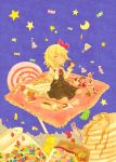  blonde_hair blue_background cake candy charlotte_(madoka_magica) cheese closed_eyes crescent crossover crumbs cup doughnut eating eyes_closed food french_fries frills hamburger hand_on_own_cheek happy highres issin. jelly_bean lollipop mahou_shoujo_madoka_magica pancake pizza rug rumia short_hair sitting skirt smile soda solo star steam swirl_lollipop teacup touhou wariza youkai 