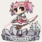  blush_stickers bow bow_(weapon) chan_co chibi choker crossed_legs_(standing) faux_figurine flower gloves hair_bow kaname_madoka kyubey magical_girl mahou_shoujo_madoka_magica pink_eyes pink_hair puffy_sleeves rock shoes short_hair short_twintails simple_background smile solo standing twintails weapon white_gloves wide_face wideface 