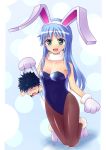  blue_hair bunny_ears bunnysuit chibi gloves green_eyes index kamijou_touma kneeling long_hair pantyhose paw_gloves paws to_aru_majutsu_no_index wakayama_yuu 