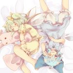  barefoot bloomers blue_dress blue_eyes blue_hair bow cirno closed_eyes daiyousei dress eyes_closed green_hair hair_bow lying lying_on_side masirosu multiple_girls nightgown on_back on_side pillow pillow_hug pink_dress side_ponytail sleeping touhou wings wink 