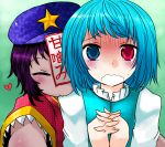  beret biting blue_eyes blue_hair blush bust closed_eyes eyes_closed fang geung_si han64 han_(jackpot) hands_clasped hands_together hat heart heterochromia jiangshi miyako_yoshika multiple_girls ofuda open_mouth outstretched_arms purple_hair red_eyes scared short_hair smile star tatara_kogasa tears touhou translated wavy_mouth zombie_pose 