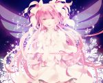  colored_eyelashes dress flower gloves glowing goddess_madoka hair_ribbon hands_clasped highres kaname_madoka light_smile long_hair macco mahou_shoujo_madoka_magica open_mouth pink_eyes pink_hair puffy_sleeves ribbon short_twintails solo spoilers teeth title_drop twintails ultimate_madoka very_long_hair white_dress white_gloves wings yellow_eyes 