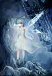  blue_hair bow cirno clock clock_tower dress frozen hair_bow highres ice kamue sundress touhou tower wings 