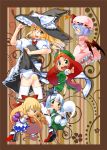  bat_wings blonde_hair bloomers blue_hair blush border bow braid brown_eyes chibi china_dress chinese_clothes dress dress_lift ghost gourd gradient_hair green_eyes grin hair_bow hairband hand_on_hat hat highres hitodama hong_meiling horn_ribbon horns ibuki_suika katana kirisame_marisa konpaku_youmu konpaku_youmu_(ghost) long_hair looking_back multicolored_hair multiple_girls myon open_mouth outstretched_arms panties pink_panties print_panties red_eyes red_hair redhead remilia_scarlet ribbon scabbard sheath sheathed short_hair silver_hair smile spread_arms star star_print sword thigh-highs thighhighs touhou twin_braids underwear vest weapon white_legwear wings witch witch_hat wrist_cuffs wristband yellow_eyes yuuzii 