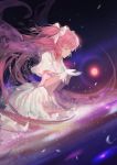  alphonse_(white_datura) alternate_costume alternate_hairstyle dress feathers gloves goddess_madoka kaname_madoka long_hair magic_circle mahou_shoujo_madoka_magica pink_hair short_twintails solo space spoilers sun twintails ultimate_madoka white_dress white_gloves wings yellow_eyes 