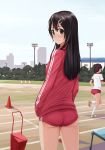  ass back black_hair blush buruma floodlights from_behind gym_uniform hair_ornament hairclip hands_in_pockets jacket jersey lamppost long_hair looking_back multiple_girls original playground school smile solo track_and_field track_jacket track_suit traffic_cone yokaze_japan 