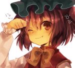  1girl amahira animal_ears bow brown_hair cat_ears chen clenched_hand hat one_eye_closed short_hair smile solo touhou 