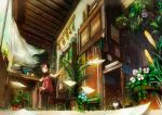  :o bare_legs blue_eyes book bookshelf brown_hair chair curtains desk dog flower flying_paper foreshortening from_below indoors kappa neyagi open_mouth original paper plant potted_plant room scenery short_hair sitting sleeveless slippers solo sunlight wind window 