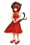  animal_ears brown_eyes brown_hair cat_ears cat_tail chen dress ear_piercing fingernails hat hiepita_(1014) highres long_fingernails mary_janes multiple_tails piercing red_dress shoes simple_background solo standing tail touhou 