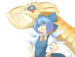  :d bow cirno hair_bow hand_on_hip hands_on_hips hips mazonano monster_hunter open_mouth ribbon short_hair simple_background smile touhou wings yian_kut-ku 