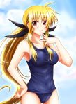 blonde_hair blush diesel-turbo fate_testarossa hand_on_hip hand_to_mouth hips long_hair lyrical_nanoha mahou_shoujo_lyrical_nanoha mahou_shoujo_lyrical_nanoha_strikers one-piece_swimsuit payot ponytail red_eyes school_swimsuit solo swimsuit very_long_hair 