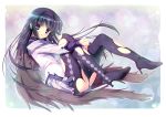  akemi_homura argyle argyle_legwear black_hair black_wings blush boots futaori_arisa hairband leg_hug long_hair magical_girl mahou_shoujo_madoka_magica pantyhose purple_eyes solo torn_pantyhose very_long_hair violet_eyes wings 