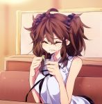  alternate_costume bare_shoulders brown_hair bust closed_eyes contemporary eyes_closed food food_on_face himekaidou_hatate sitting sleeveless solo suisen touhou twintails wince 