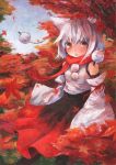  acrylic_paint_(medium) animal_ears bad_id bare_shoulders detached_sleeves fang hat highres inubashiri_momiji leaf nanashina open_mouth red_eyes scarf silver_hair smile solo tokin_hat touhou traditional_media tree wind windy wolf_ears 