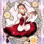  animal_ears art_nouveau blonde_hair breasts bunny_ears carrot cleavage doily dress fishnet_pantyhose fishnets flower frilled_dress frills high_heels maid maid_headdress open_mouth orange_eyes original pantyhose plate shoes short_hair short_sleeves smile solo striped striped_background wink yuka_(mischief) 