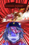  animal_ears bandage bandages beret blood blue_eyes blue_hair braid cat_ears face fangs hat kaenbyou_rin miyako_yoshika multiple_girls ofuda open_mouth outstretched_arms pale_skin red_hair redhead running scared short_hair sisenshyo star tears touhou translated twin_braids twintails wheelbarrow zombie_pose 