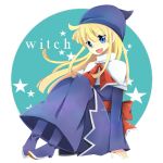  1girl :d blonde_hair blue_background blue_eyes boots character_name dress hat long_hair open_mouth puyopuyo ruka192 shawl sitting smile solo star witch_(puyopuyo) 