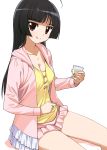  :q a1 ahoge black_hair brown_eyes casual character_request food highres hime_cut jewel_pet_sunshine jewelpet_(series) jewelpet_sunshine long_hair mizushiro_kanon pudding sitting skirt solo tongue 