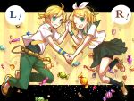  alternate_costume bike_shorts blonde_hair blouse brother_and_sister candy hair_ornament hair_ribbon hairclip hand_holding holding_hands kagamine_len kagamine_rin knee_socks kneehighs lollipop necktie open_mouth pants ribbon sailor_collar school_uniform serafuku short_hair short_sleeves siblings skirt smile speech_bubble sweatdrop twins vocaloid wings wristband yunco 