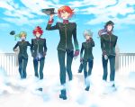  blue_eyes cloud clouds green_eyes green_hair hat inazuma_eleven inazuma_eleven_(series) kiyama_hiroto long_hair male midorikawa_ryuuji mooh multiple_boys nagumo_haruya ponytail red_hair redhead saginuma_osamu school_uniform short_hair sky smile suzuno_fuusuke uniform walking white_hair wind yellow_eyes 