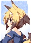  blonde_hair brown_eyes brown_hair fox_ears fox_tail japanese_clothes looking_back multicolored_hair original reku sanbi_(reku) short_hair solo tail 