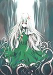  dress ex-keine forest grass highres horn_ribbon horns kamishirasawa_keine long_hair looking_at_viewer nature necktie oustretched_hand outstretched_hand reaching ribbon smile solo touhou traditional_media tree watercolor_(medium) yosshi_(pixiv) 