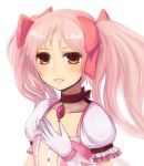  face gloves highres kaname_madoka light_smile long_hair mahou_shoujo_madoka_magica moekyon pink_eyes pink_hair portrait puffy_sleeves simple_background twintails white_gloves 