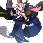  animal_ears bare_shoulders black_legwear bow breasts brown_eyes caster_(fate/extra) cleavage detached_sleeves fate/extra fate/stay_night fate_(series) fox_ears fox_tail grin hair_bow highres japanese_clothes off_shoulder pink_hair smile solo tail talisman thighhighs 