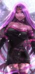  breasts cassi cleavage dress facial_mark fate/stay_night fate_(series) forehead_mark large_breasts long_hair purple_eyes purple_hair rider strapless strapless_dress thigh-highs thighhighs thighs very_long_hair violet_eyes zettai_ryouiki 