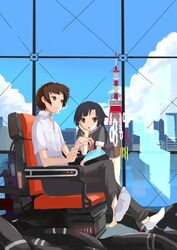  1girl bent_over black_eyes black_hair brown_eyes brown_hair chair chin_rest cloud clouds crossed_legs eiffel_tower long_hair mazonano original school_uniform short_hair sitting sky tokyo_tower 