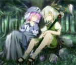  ascot blush forest hairband hat japanese_clothes katana konpaku_youmu mary_janes multiple_girls nature pink_hair rikkunia saigyouji_yuyuko scabbard sheath sheathed shoes short_hair silver_hair sitting sleeping sword tassel touhou tree triangular_headpiece vest weapon white_hair 