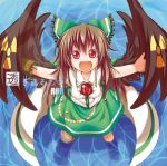  :d arm_cannon black_wings bow brown_hair cape chibi cover from_above green_skirt hair_bow happy highres kashipam003 open_mouth outstretched_arms radiation_symbol red_eyes reiuji_utsuho shirt skirt smile soaking_feet solo spread_arms third_eye touhou wading water weapon white_shirt wings 
