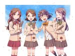  blue_hair brown_eyes brown_hair closed_eyes esukee eyes_closed glasses glasses_on_head graduation green_eyes green_hair inazuma_eleven inazuma_eleven_(series) kino_aki kudou_fuyuka long_hair multiple_girls otonashi_haruna purple_hair raimon_natsumi school_uniform short_hair skirt sweater tears tube 