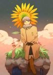  bamboo_maro coat flower gloves grass hands_on_lap purple_eyes rock russia_(hetalia) scarf short_hair silver_hair sitting smile solo sunflower violet_eyes water waterfall 