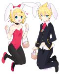  :d bare_shoulders basket black_legwear blue_eyes bow brother_and_sister bunny_ears bunnysuit buttons carrot choker cuffs easter egg formal hair_bow hair_ornament hairclip highres hitsukuya kagamine_len kagamine_rin long_sleeves open_mouth pantyhose short_hair siblings simple_background smile suit transparent_background twins vocaloid 